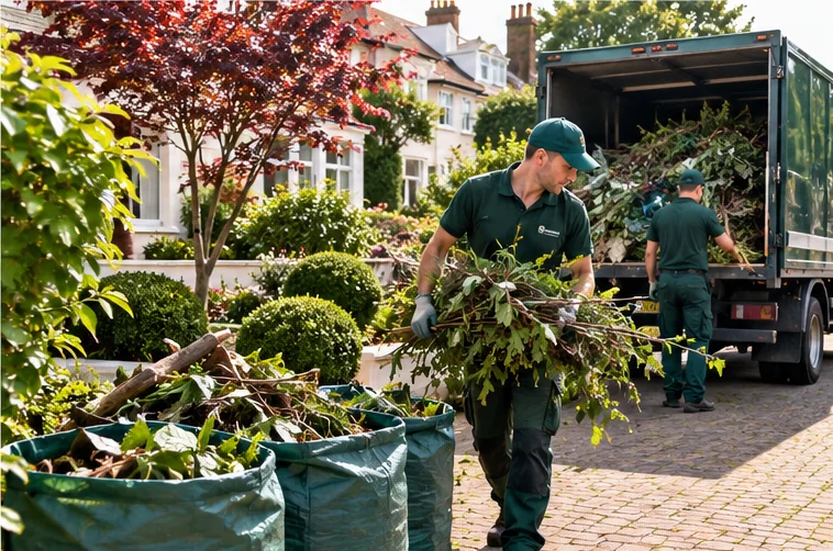 Illustrative image of green-uniformed workers gathering garden debris