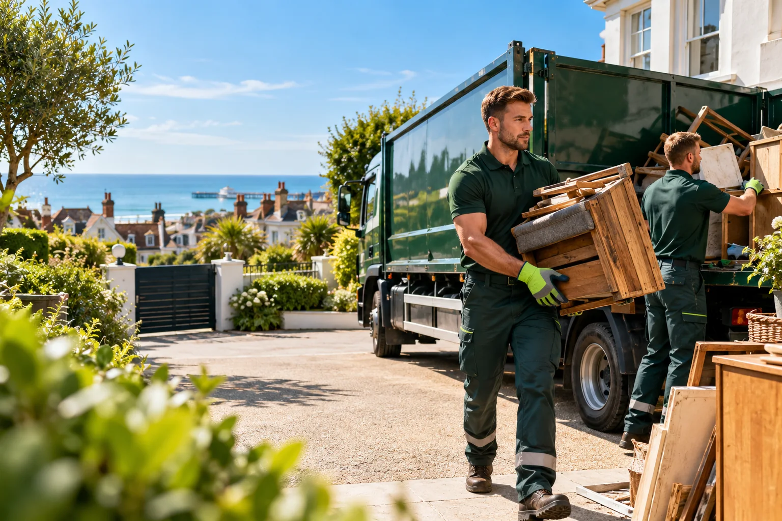 Illustrative scene of a green waste-clearance truck with a team loading household items near the coast