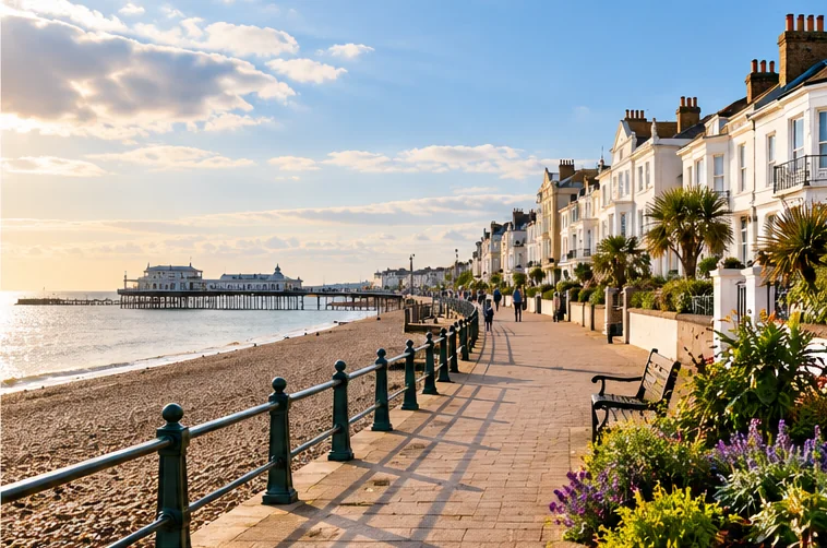 Illustrative view of a sunny seafront and pier in Worthing
